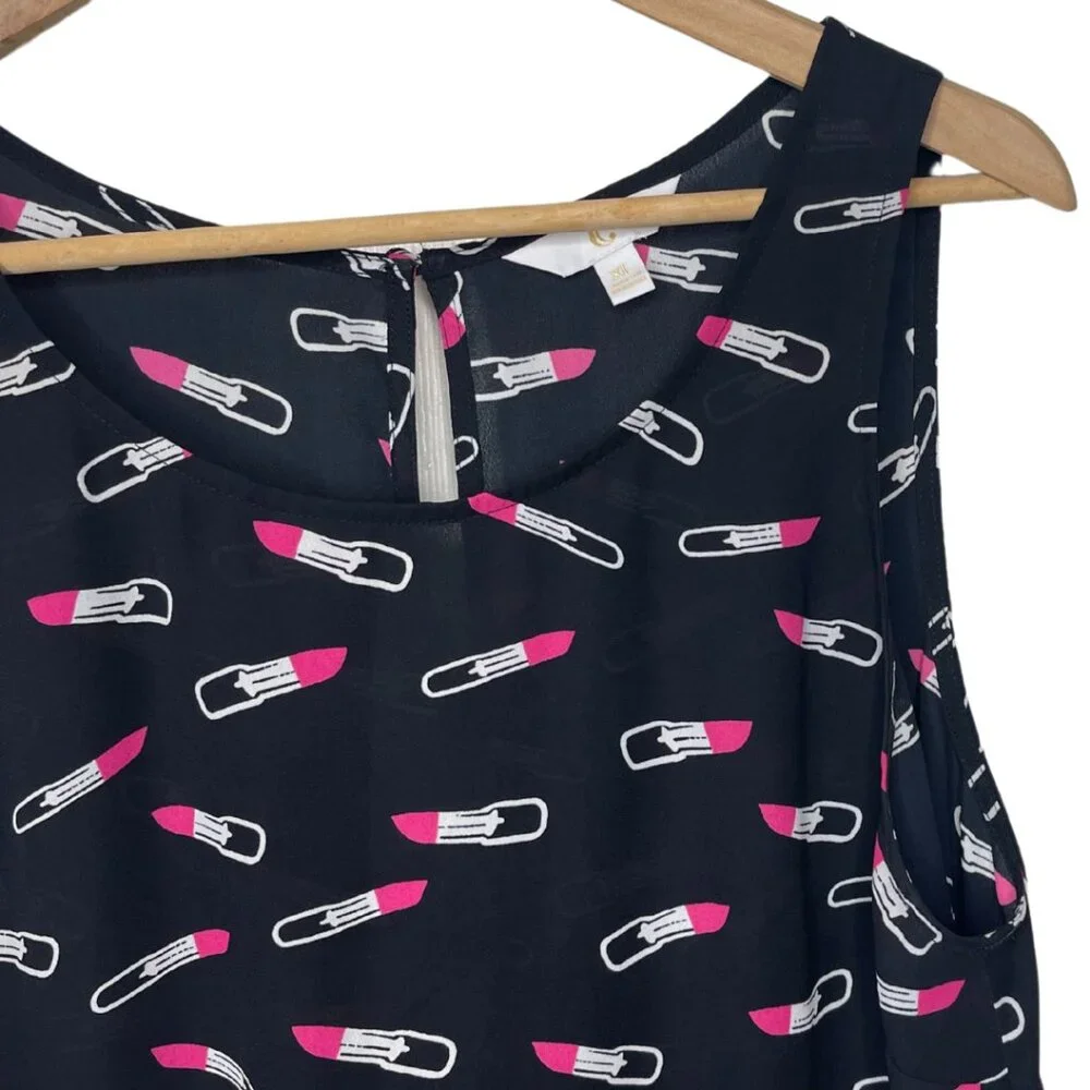 CHARMING CHARLIE | Black and Pink Lipstick Split Back Tank Top | Size XL - Picture 4 of 11